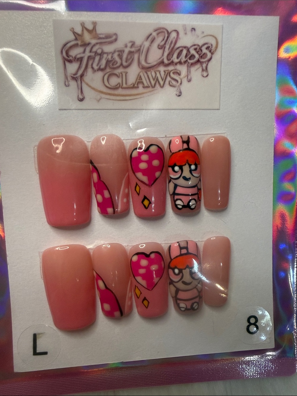 Pink Cartoon Press-On Nails - Cute Heart & Character Design